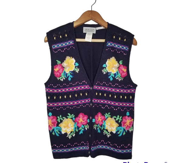 Jantzen Sweaters - Vtg Jantzen Blue Pink Floral Sweater Vest Hand Embroidered Grannycore Boho Med